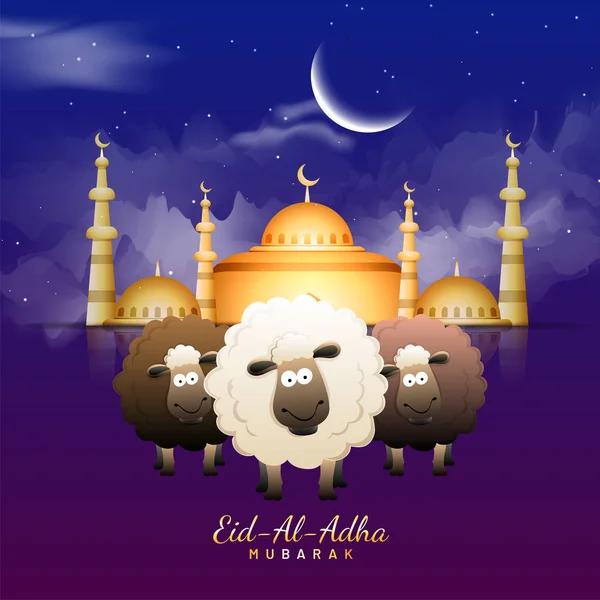 Adhá Islámský Festival Oběti Ukázkou Šťastné Ovce Zlatý Půlměsíc Mešitu — Stockový vektor