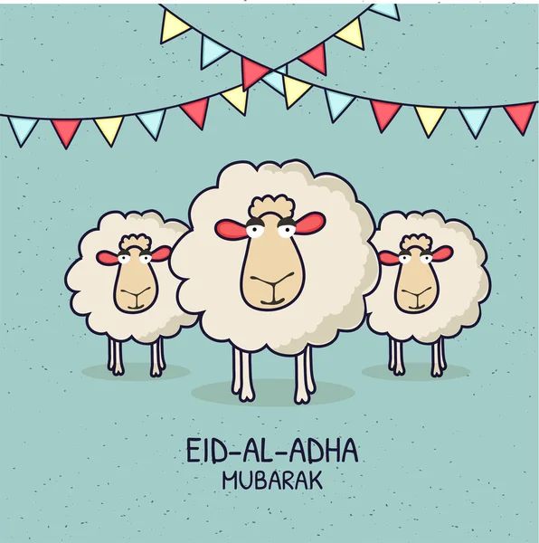 Eid Adha Mubarak Festival Islámico Sacrificio Con Ilustración Ovejas Felices — Vector de stock