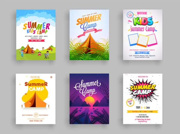 Set Zomerkamp Flyer Sjabloon Ontwerp Vectorillustratie Van Kleurrijk Abstract Teken — Stockvector