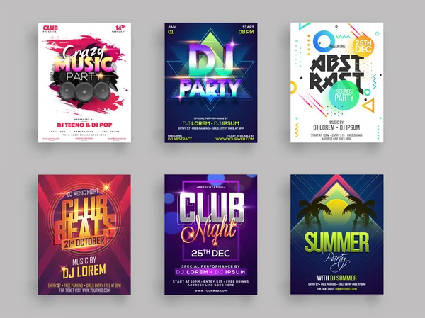 Μουσικό Καλοκαιρινό Πάρτι Φυλλάδιο Σχέδιο Της Αφίσας Έξι Διαφορετικά Στυλ — Διανυσματικό Αρχείο
