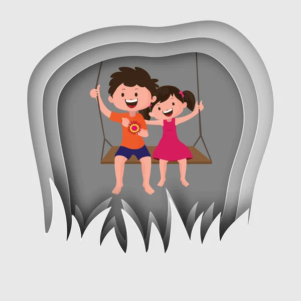 Happy brother and sister swinging on grey paper cut background for Raksha  Bandhan concept. - Stock Image - Everypixel