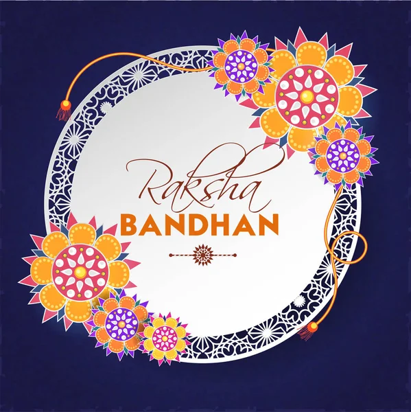 Raksha Bandhan Greeting Card Design Flowers Rakhi Blue Background — Stock Vector