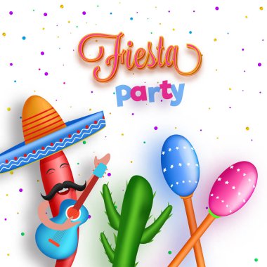 Fötr şapka ve holding gitar beyaz arka plan üzerinde giyen biber çizgi film karakteri olan Fiesta parti el ilanı veya banner tasarım.