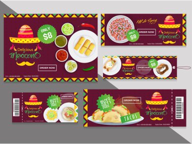 Collection of coupons or voucher with Burger on yellow rays background.  clipart