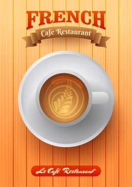 Ahşap masa arka plan üzerinde kahve fincanı üstten görünüm. Fransız Cafe ve restoran menü kart tasarımı.