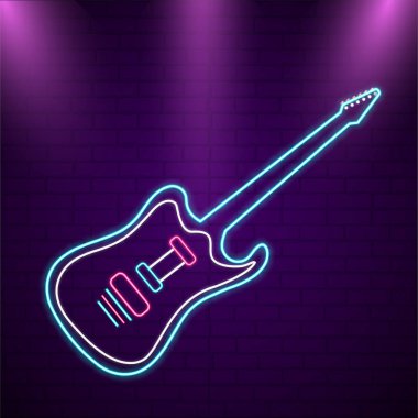 Mor tuğla duvar izole mavi neon ışığı gitarda.