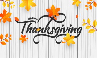 Ahşap dokulu arka plan üzerinde şık metin mutlu Şükran günü akçaağaç yaprakları ile dekore edilmiştir..