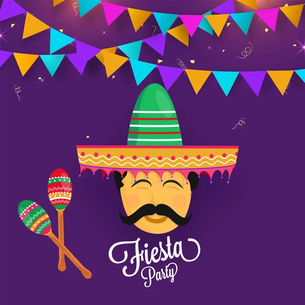 Fiesta Party Flyer Design Decorated Man Face Wearing Sombrero Hat — Stock Vector