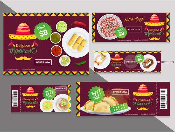 Collectie Van Coupons Voucher Met Hamburger Gele Stralen Achtergrond — Stockvector