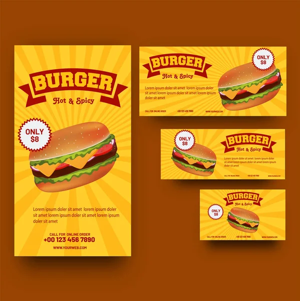 Collection Coupons Coupons Avec Burger Sur Fond Rayons Jaunes — Image vectorielle