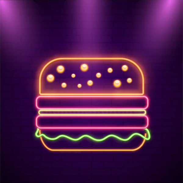 Ilustrace Gloosy Burger Fialové Cihlové Stěně Neon Efekt — Stockový vektor