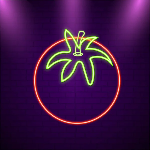 Illustratie Van Een Tomaat Met Neon Licht Paarse Bakstenen Muur — Stockvector