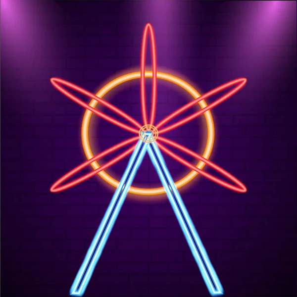 Neon Light Ferris Wheel Symbol Purple Brick Wall — Stock Vector