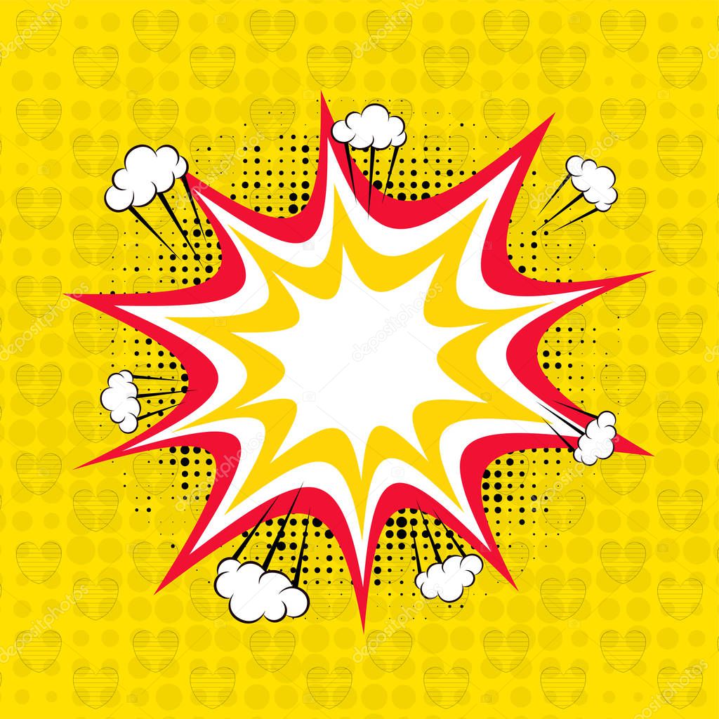 Vintage halftone style blank speech bubble on yellow abstract background.