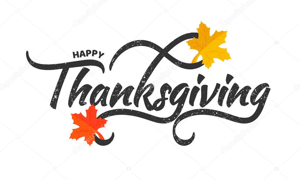 Stylish typography of text Happy Thanksgiving with autumn leaves on white background. 