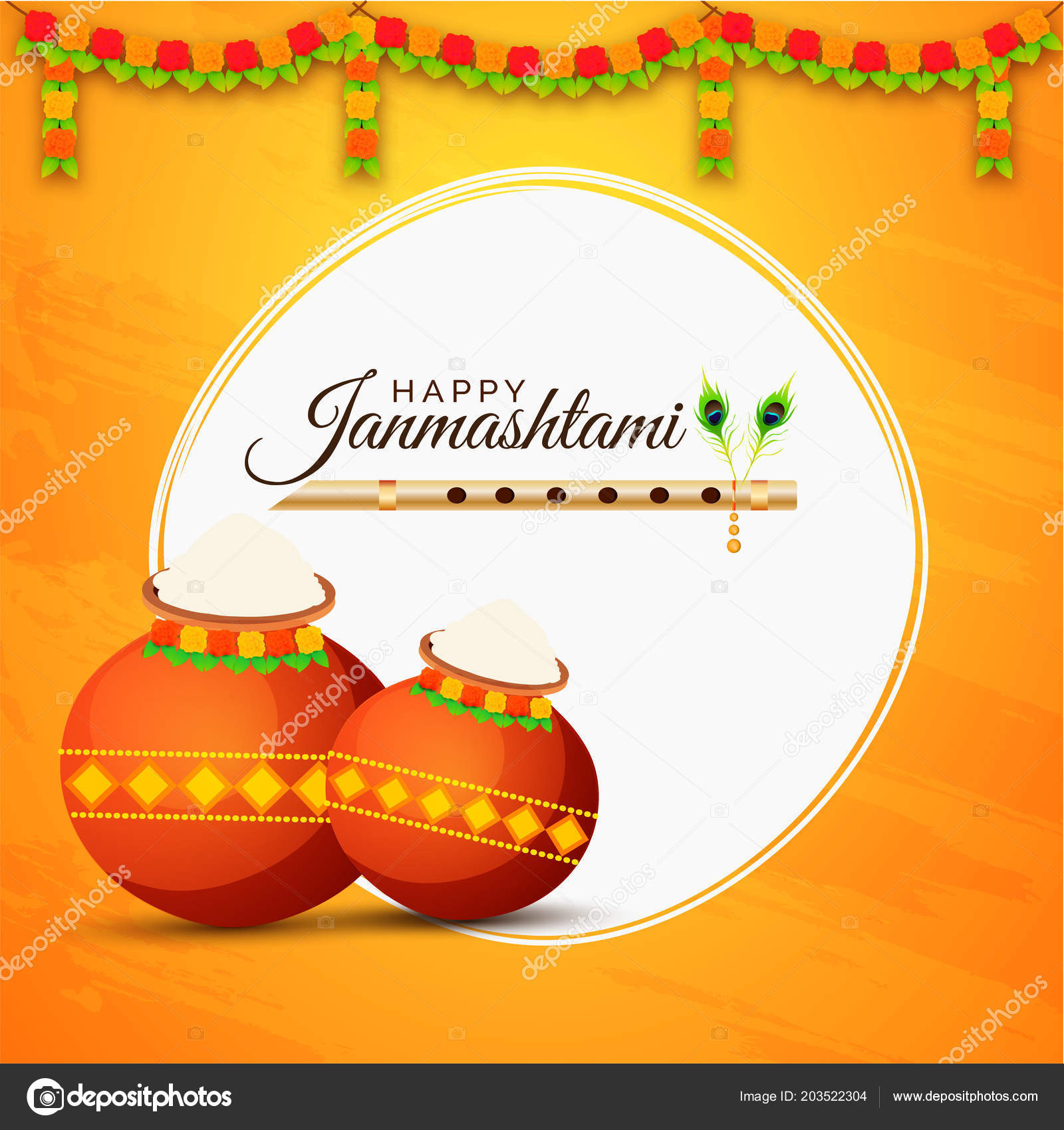 Abstract Yellow Background Decorated Floral Garland Golden Flute