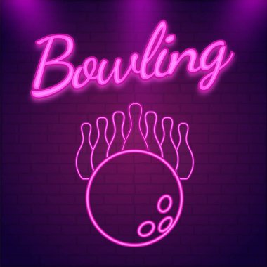Pembe neon metin Bowling duvarda dokulu arka plan pimleri ve topu çizimi için turnuva kavramı ile.