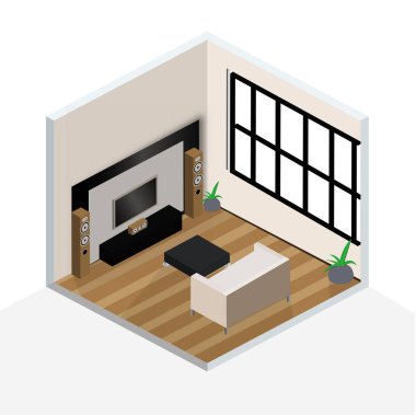 3D izometrik iç tasarım oturma odası.