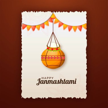 Altın pot ve Janmashtami Festivali için kiraz kuşu bayrağı çizimi kahverengi zemin üzerine yaratıcı tebrik kartı tasarımı.