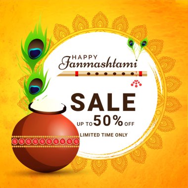 Mutlu Janmashtami sınırlı bir süre satışı büyük başlığı altında % 50 kapalı üzerinde sarı arka plan festival kutlaması için Tasarla.