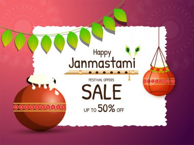 Janmashtami tasarım ile düz %50 off Satılık veya afiş. Festival kutlama süs arka plan mango yaprakları ve asılı pot garland ile dekore edilmiştir..