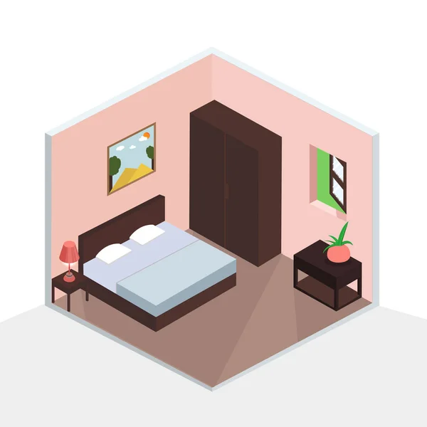 3次元等尺性のベッドルームのインテリア デザイン — ストックベクタ
