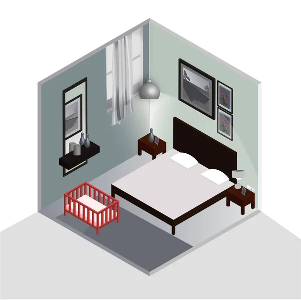 Isometric Chambre Design Intérieur Avec Berceau Bébé — Image vectorielle