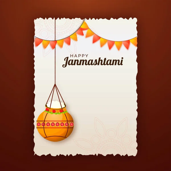 Happy Janmashtami Celebration Greeting Card Design Brown Background Hanging Golden — Stock Vector