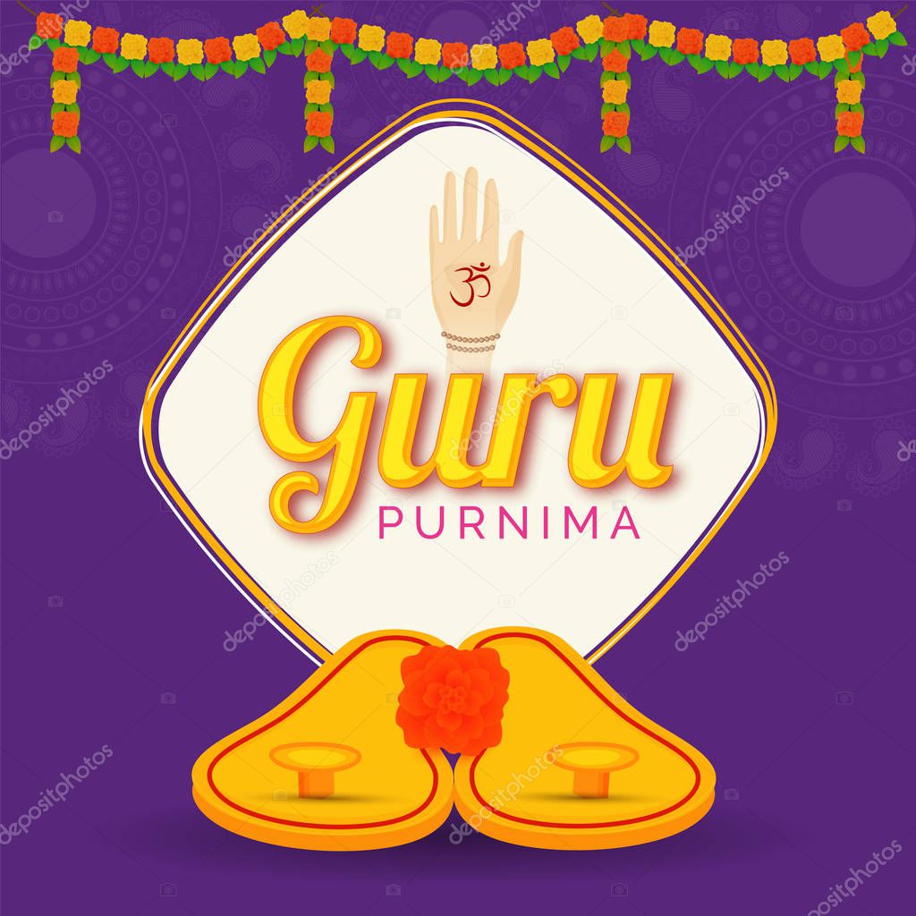 Abstract purple background decorated with mandala design and floral garland for Guru Purnima celebration.