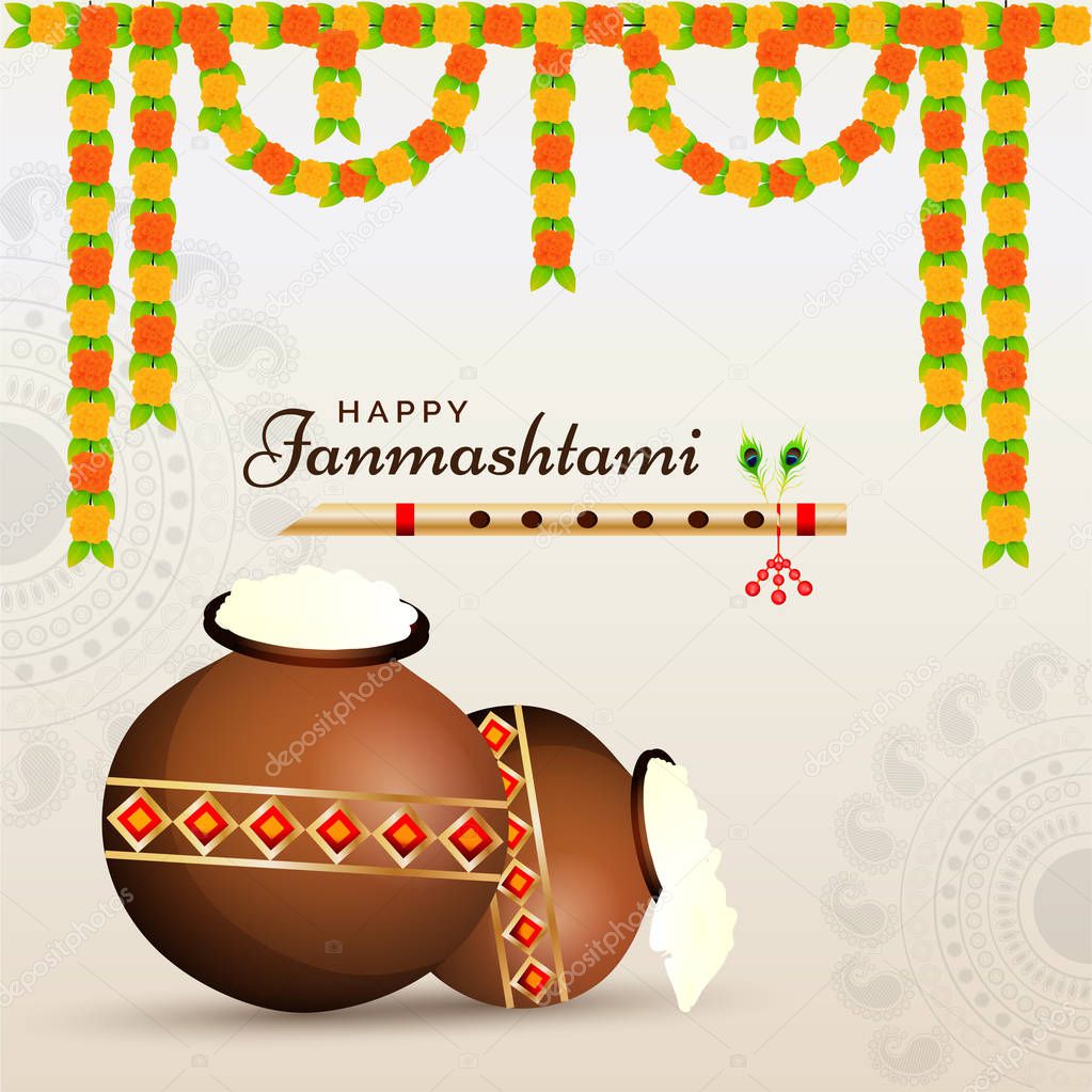Abstract ornamental background decorated with floral garland, brown pot and golden flute (Bansuri) for Janmashtami celebration.