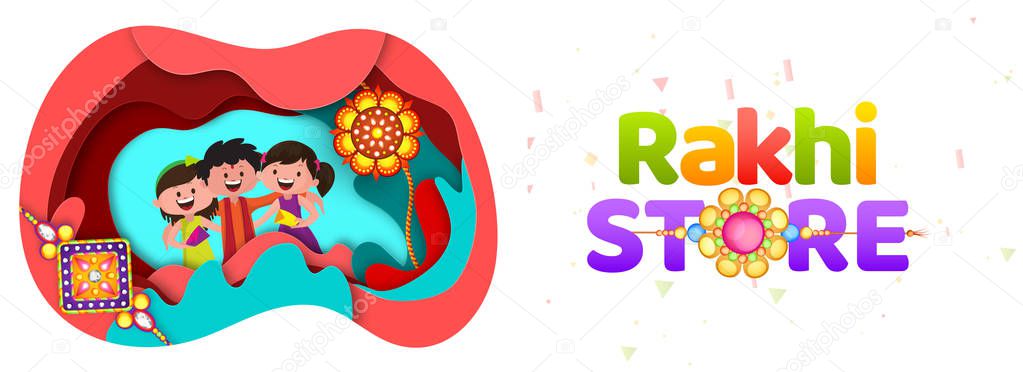 Paper cut origami style Rakhi Store header or banner design with happy brother and sister character for Raksha bandhan festival.