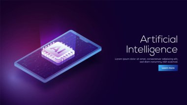 bir smartphone ve AI işlemci yongası duyarlı yapay zeka açılış sayfası kavramı için dijital ışınlarından ortaya çıkan 3D izometrik tasarım.