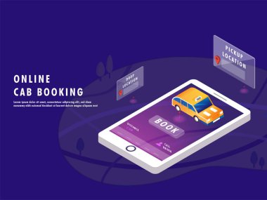 İzometrik Tasarım Online taksi hizmeti App ile smartphone içinde almak ve konuma açılış sayfası veya web şablonu kavramı taksi Online rezervasyon için bırakın.