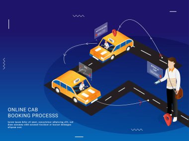 Online taksi rezervasyon işlemi için bir açılış sayfası bir adam taksi rezervasyon 3d çizim ile 3 adımda, taksi şoförü tarafından alınan ve bulunan bildirim gezinti aracılığıyla yer alması.