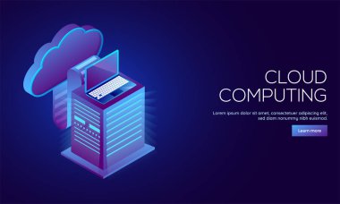 Cloud computing duyarlı açılış sayfası tasarımı ile yerel izometrik çizimde ve bulut sunucu.