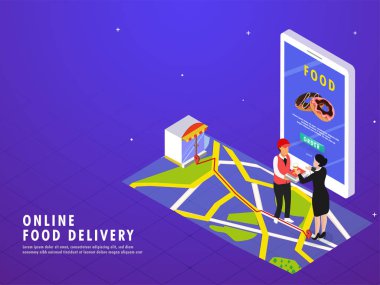 Online yemek teslim kavramı ile harita navigasyon için hedef noktası ve gıda app akıllı telefonun ekranında açık yardımıyla hedefe doğru servis elemanı. Açılış sayfası tasarımı reklam için.