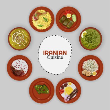 Gri arka plan üzerinde etnik menü ile İran mutfağı koleksiyonunun üstten görünüm.