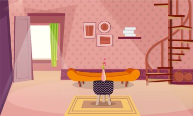 Oturma odası iç tasarım rahat koltuk takımı, saksıyı ve kitaplık için modern mimari.