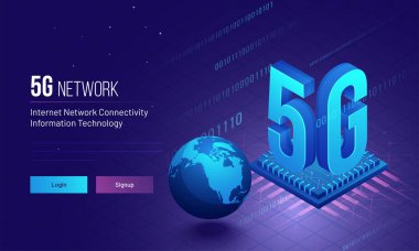 Duyarlı açılış sayfası tasarımı ile ikili kodlama ve işlemci çip illüstrasyon küresel Internet 5g ağ bağlantısı kavramı dayalı.