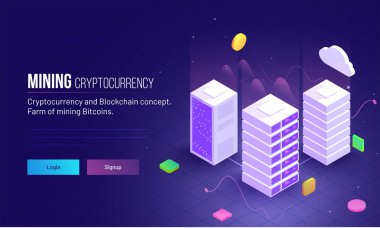 Sayfa tasarımı çiftlik araştırma bitcoins ve blockchain kavramı için açılış veya cryptocurrency duyarlı kahraman resim madencilik.