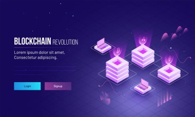 Blockchain devrim ya da cryptocurrency parlayan blok sunucularının birbirleriyle duyarlı açılış sayfası tasarımı için bağlantılı izometrik görünümü'ne temel.