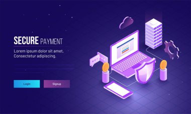 Açılış sayfası illüstrasyon laptop, güvenlik kalkanı ile bağlı sunucu verilerinizin güvenliğini korumaya sahip web şablonu için ödeme, izometrik kavramı, güvenli.