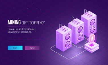 Duyarlı açılış sayfası tasarımı izometrik görünümü ile ethereum server incelemesi cryptocurrency konsepti için.