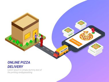 Yemek siparişi online App yanında smartphone. Fast food pizza teslimatı. İzometrik vektör servis elemanı hedef, smartphone, pizza mağaza app ve teslim araç dışında. Reklam, Infographic, oyun veya mobil apps simgesi için kullanılabilir. 