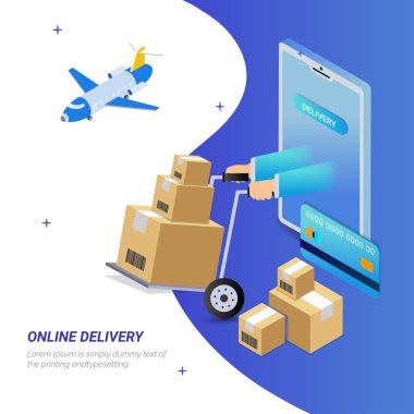 Online teslimat, izometrik kavramı, mobil uygulaması veya bir akıllı telefon ve airoplane gelen teslimat kutuları ile sayfa tasarımı açılış. Reklam, Infographic, oyun veya mobil apps simgesi için kullanılabilir.  