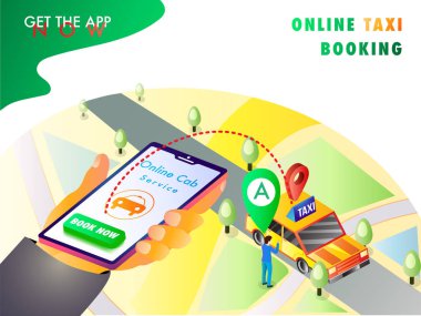 Mobil uygulaması ile harita, gezinme noktaları kullanarak bir taksi rezervasyon insan el izometrik çizimde.