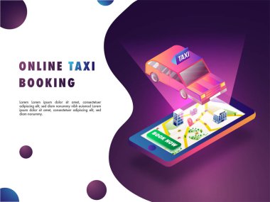 Bir taksi harita, gezinme noktaları ve taksi ile mobil ekranda izometrik Illustration. Online taksi rezervasyon kavramı.