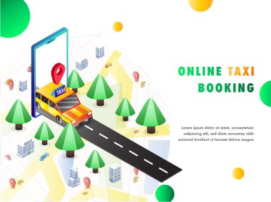 Bir mobil uygulaması, harita, navigasyon puan çıkan bir taksi izometrik Illustration. Açılış sayfası tasarımı online taksi kitap. 