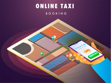 Mobil uygulaması ile harita, gezinme noktaları kullanarak bir taksi rezervasyon insan el izometrik çizimde.