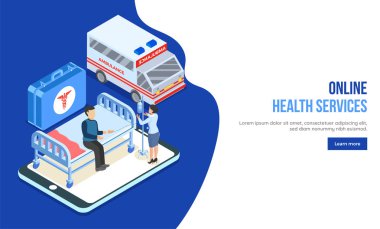Online Sağlık kavramı, hemşire ve hasta ilk yardım kutusu ve Online sağlık hizmeti Web sitesi açılış sayfası için ambulans ile izometrik görünümü.